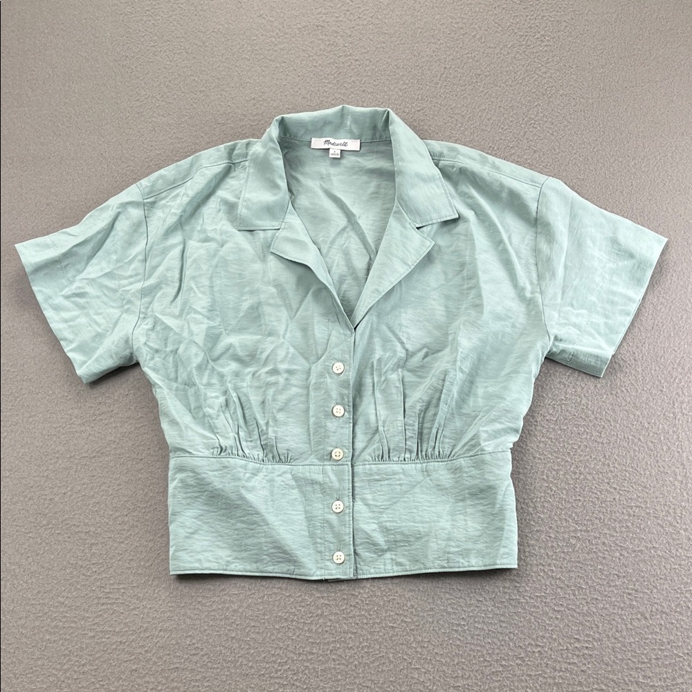 Madewell Sage Green Cropped Button Front Blouse Smocked Waist Camp Collar Top S